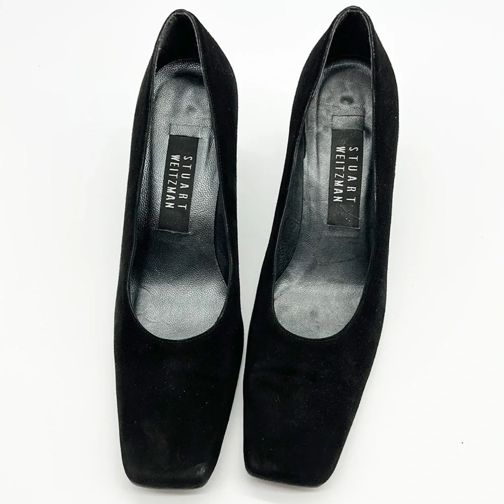 Stuart Weitzman‎ Black Suede Heels Women's 7.5 B Patent Heel Square Toe